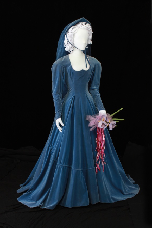  blue cotton velveteen wedding gown shown below at her church wedding